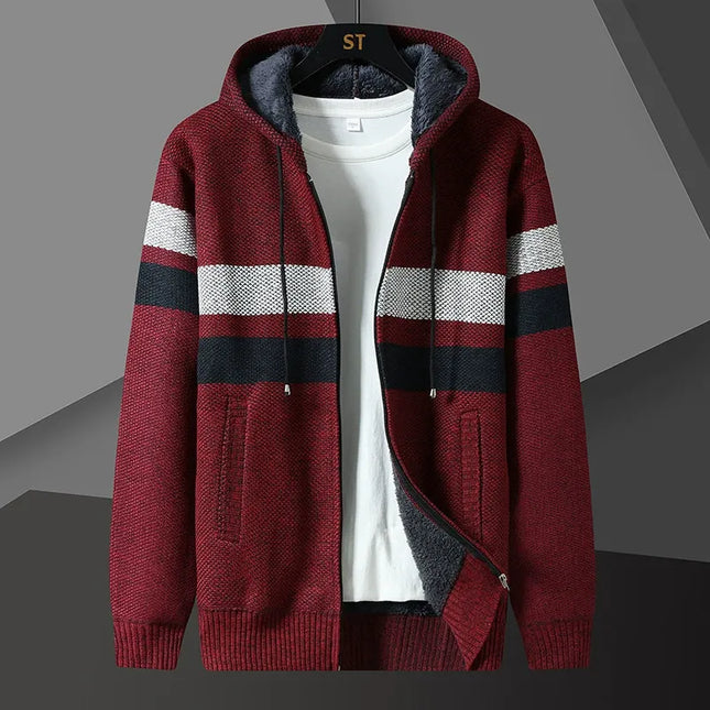 Men's Knit Hooded Cardigan Sweater with Zip Front and Pockets