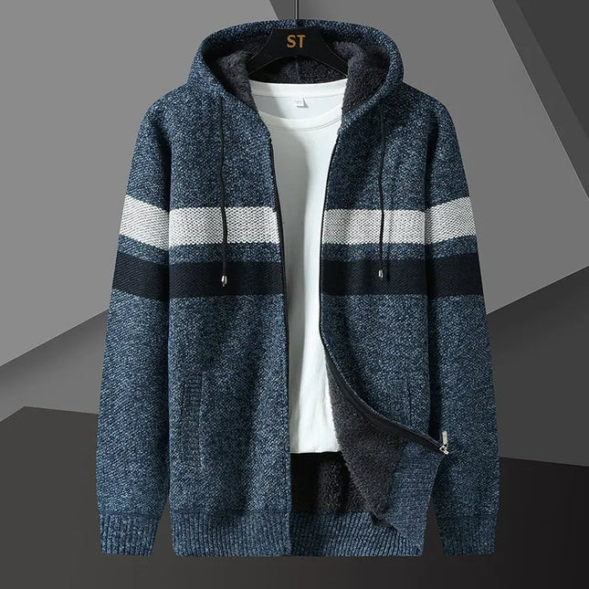 Men's Knit Hooded Cardigan Sweater with Zip Front and Pockets