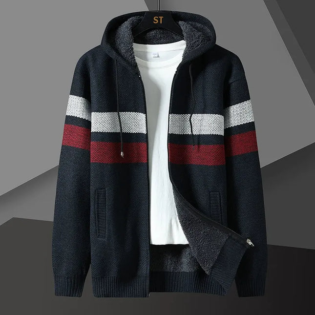 Men's Knit Hooded Cardigan Sweater with Zip Front and Pockets
