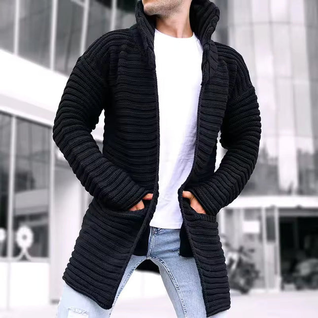 Men's Oversized Wool Cardigan - Knitted Turtleneck Long Line Open Front