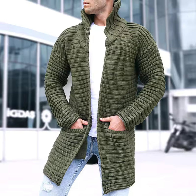 Men's Oversized Wool Cardigan - Knitted Turtleneck Long Line Open Front