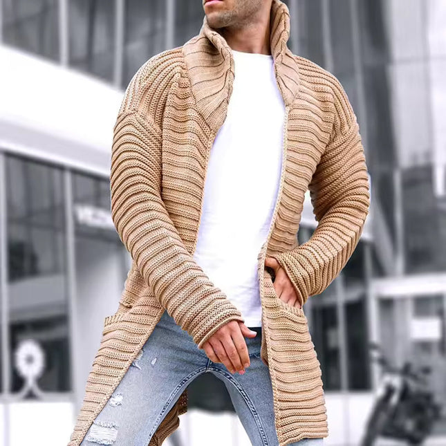 Men's Oversized Wool Cardigan - Knitted Turtleneck Long Line Open Front