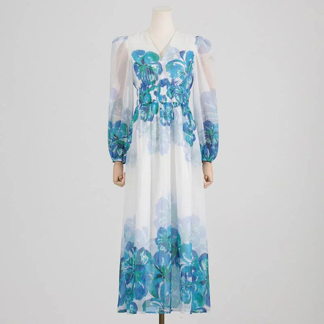 Women’s Midi Dress – V-Neck – Smocked Waist – Long Sleeve – Lightweight Elegant Fit