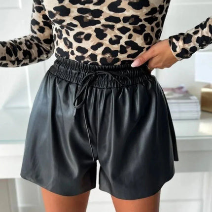 Women's High Waist Faux Leather Shorts with Elastic Drawstring