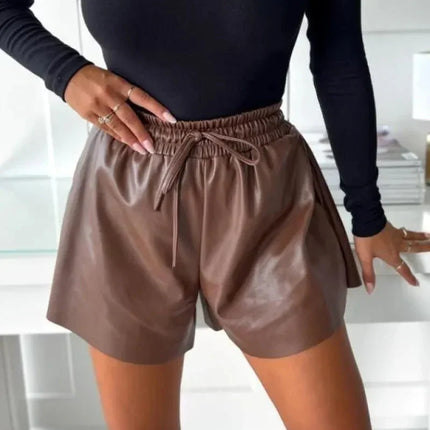 Women's High Waist Faux Leather Shorts with Elastic Drawstring