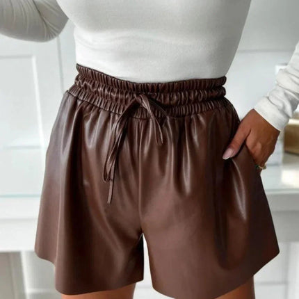 Women's High Waist Faux Leather Shorts with Elastic Drawstring