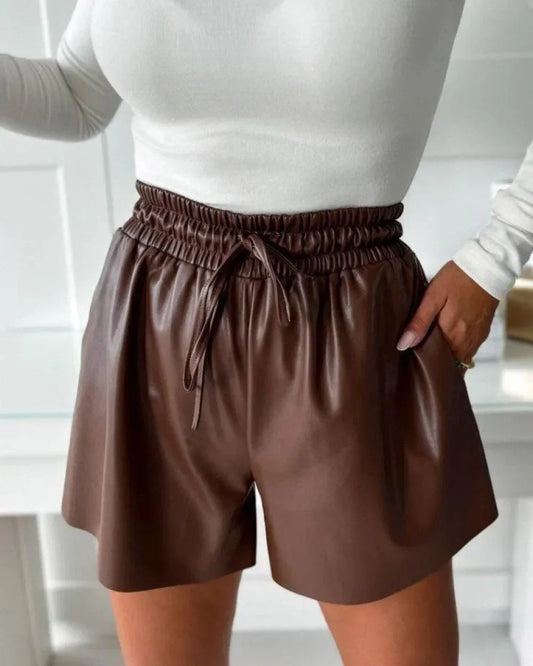 Women's High Waist Faux Leather Shorts with Elastic Drawstring