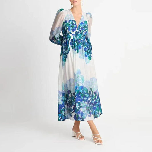 Women’s Midi Dress – V-Neck – Smocked Waist – Long Sleeve – Lightweight Elegant Fit