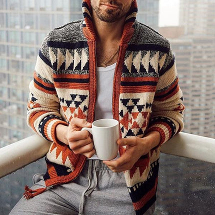 Men’s Wool Knit Cardigan – Full Zip with Geometric Pattern and Ribbed Trim