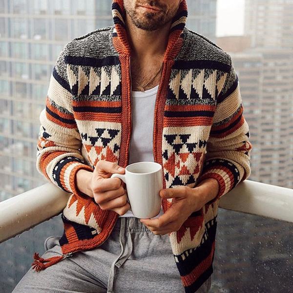 Men’s Wool Knit Cardigan – Full Zip with Geometric Pattern and Ribbed Trim