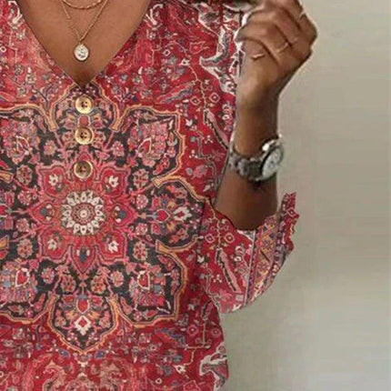 Women's V-Neck Floral Blouse with Flowing Sleeves