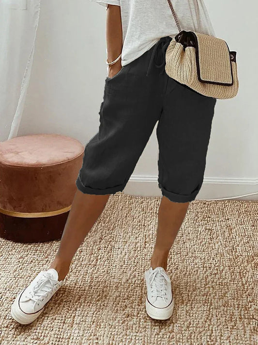Women's Relaxed Fit Capri Trousers with Elastic Waist Drawstring