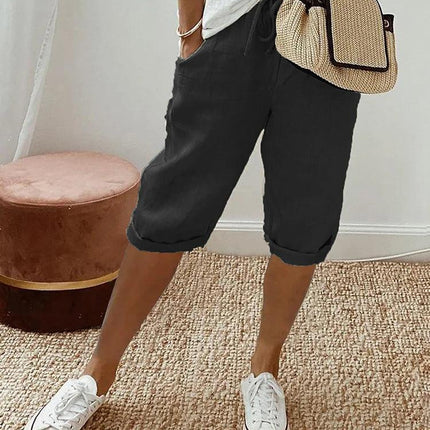 Women's Relaxed Fit Capri Trousers with Elastic Waist and Drawstring