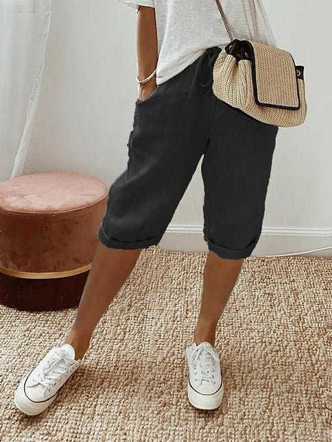 Women's Relaxed Fit Capri Trousers with Elastic Waist and Drawstring