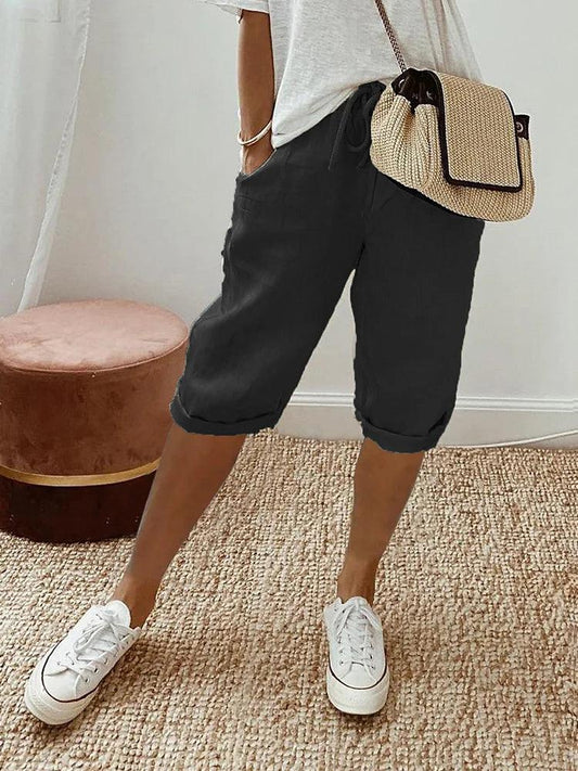 Women's Relaxed Fit Capri Trousers with Elastic Waist and Drawstring
