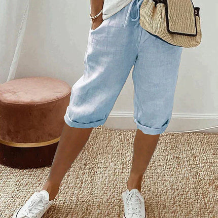 Women's Relaxed Fit Capri Trousers with Elastic Waist Drawstring