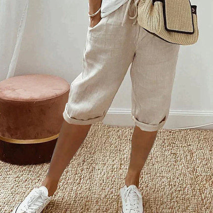 Women's Relaxed Fit Capri Trousers with Elastic Waist Drawstring