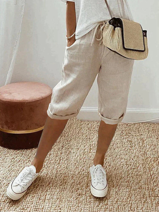 Women's Relaxed Fit Capri Trousers with Elastic Waist Drawstring