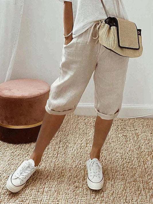Women's Relaxed Fit Capri Trousers with Elastic Waist and Drawstring