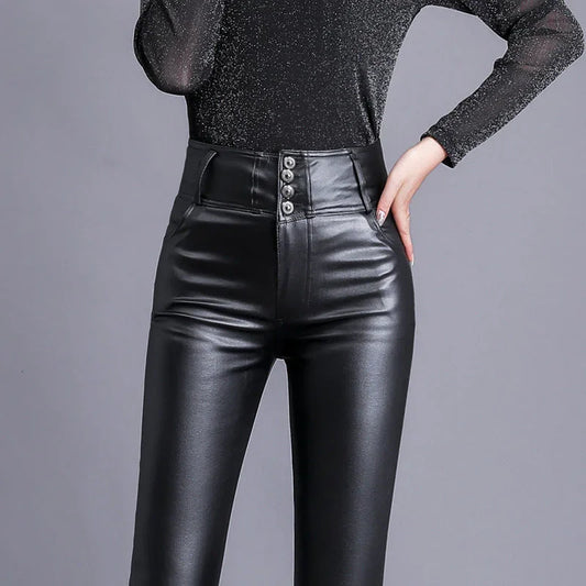 Women's Skinny Leather Trousers High-Waisted Button Front
