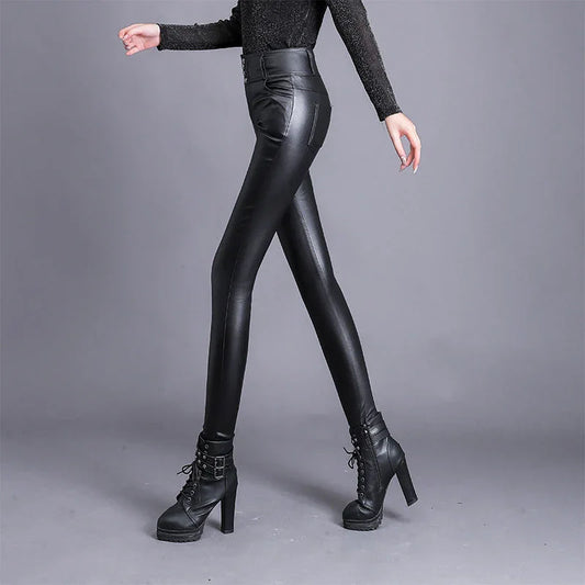 Women's Skinny Leather Trousers High-Waisted Button Front