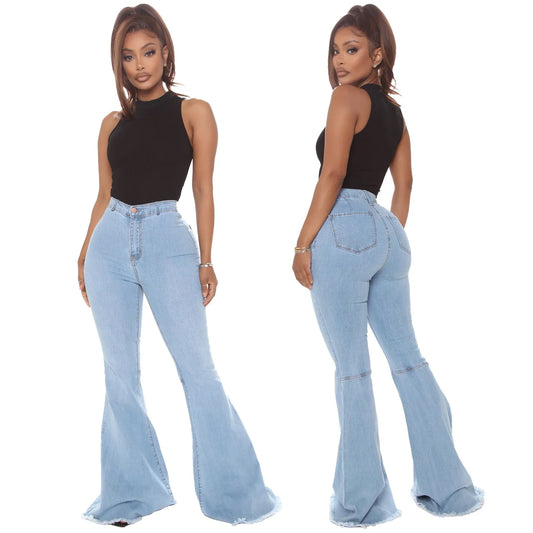 Women's High-Waist Flared Jeans Denim with Raw Hem