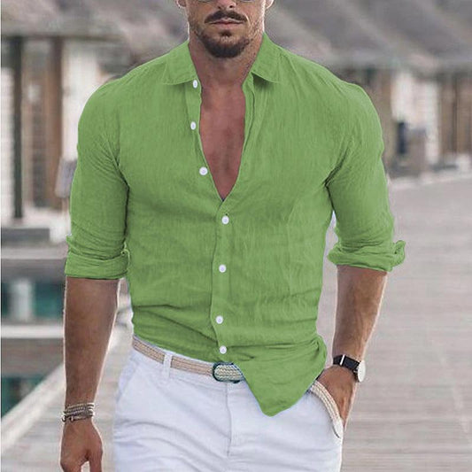 Men’s Long Sleeve Linen Blend Shirt - Slim Fit Band Collar