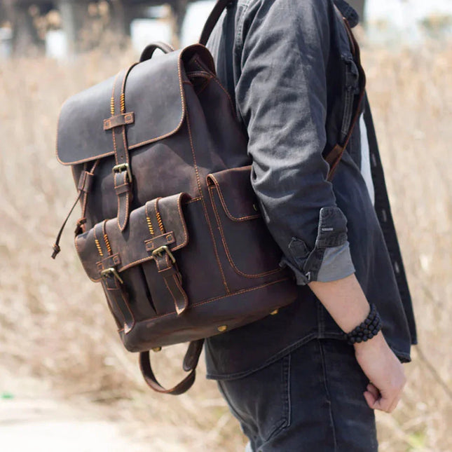 Men's Leather Backpack with Buckle Strap