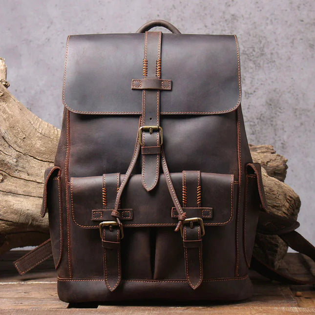 Men's Leather Backpack with Buckle Strap