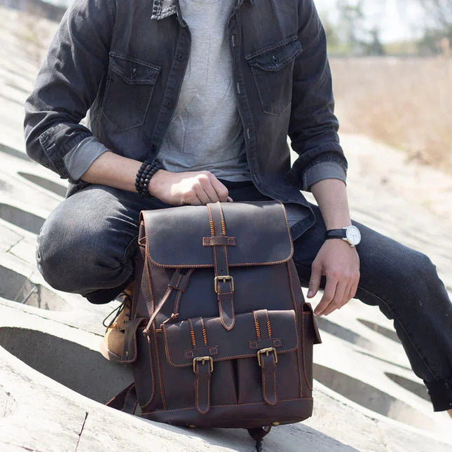 Men's Leather Backpack with Buckle Strap