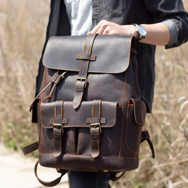 Men's Leather Backpack with Buckle Strap