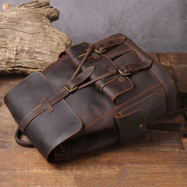 Men's Leather Backpack with Buckle Strap