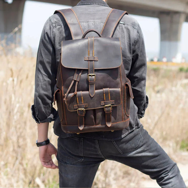 Men's Leather Backpack with Buckle Strap