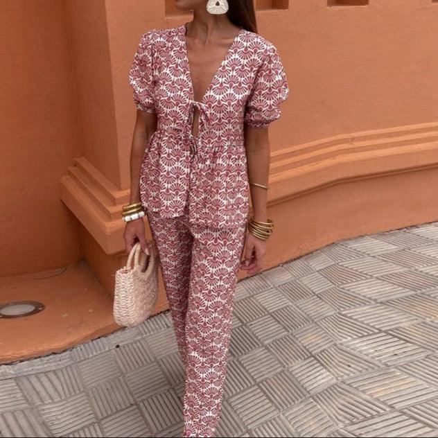 Women's Linen Two-Piece Set - Puff Sleeve Tie-Front Top & High-Waist Wide-Leg Pants