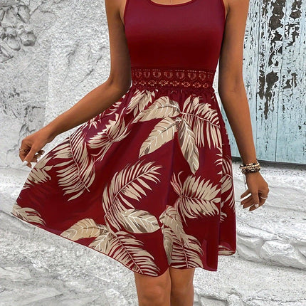 Women's Summer Dress Lace Waist Tropical Print