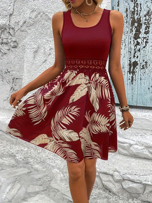Women's Summer Dress Lace Waist Tropical Print