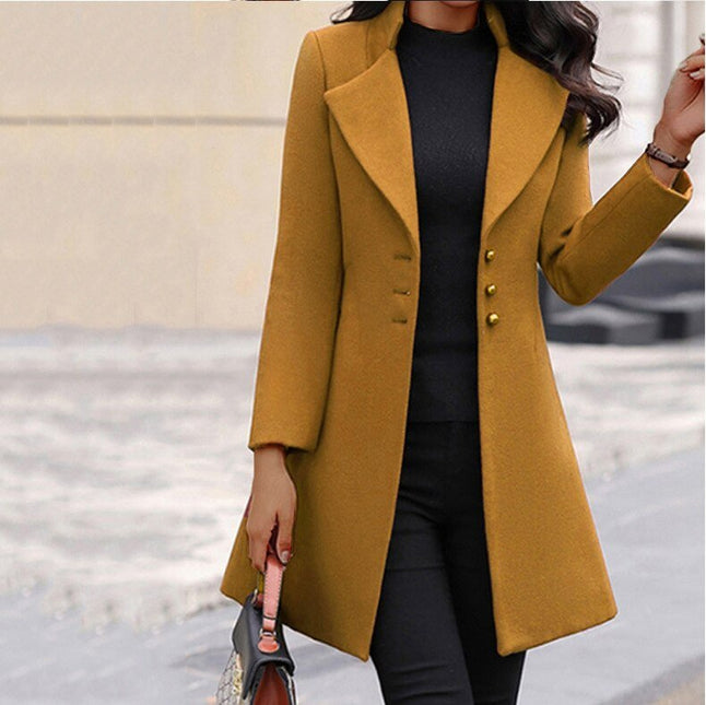Women's Wool Blend Tailored Coat Mid-Thigh Length Notched Lapel