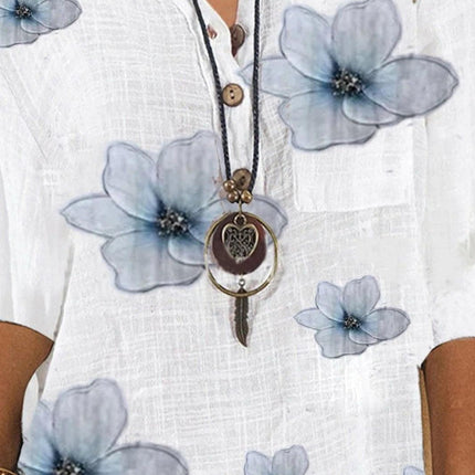 Women's Floral V-Neck Blouse Relaxed Fit Half-Length Sleeves