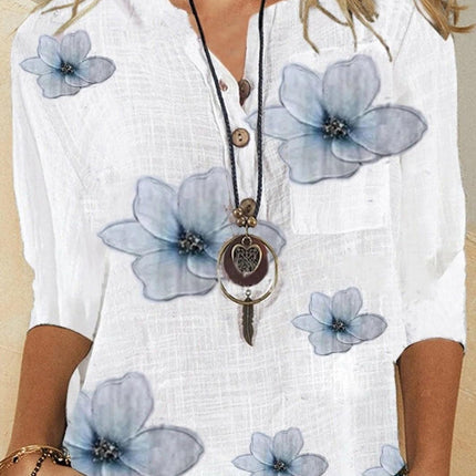 Women's Floral V-Neck Blouse Relaxed Fit Half-Length Sleeves