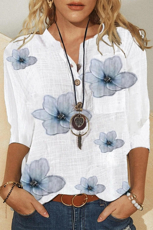 Women's Floral V-Neck Blouse Relaxed Fit Half-Length Sleeves