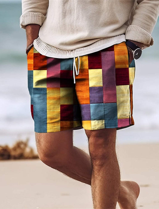 Men’s Knee-Length Patchwork Shorts - Lightweight Elastic Waist with Drawstring