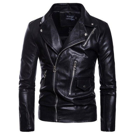Men’s Leather Biker Jacket Slim Fit Notched Lapel Asymmetrical Zip