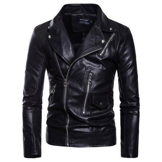 Men’s Leather Biker Jacket Slim Fit Notched Lapel Asymmetrical Zip