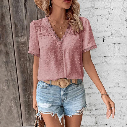 Women's V-Neck Lace-Trimmed Blouse with Textured Design