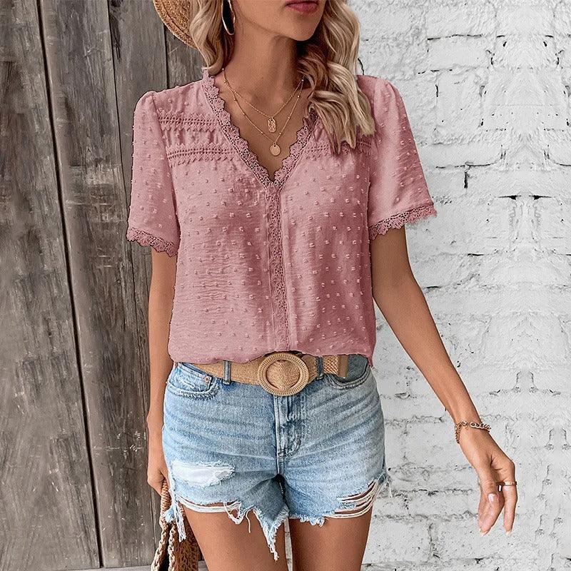 Women's V-Neck Lace-Trimmed Blouse with Textured Design