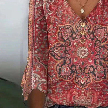 Women's V-Neck Floral Blouse with Flowing Sleeves