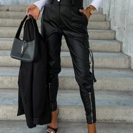 Women's Faux Leather High-Waisted Trousers with Zippered Ankles and Button Waistband