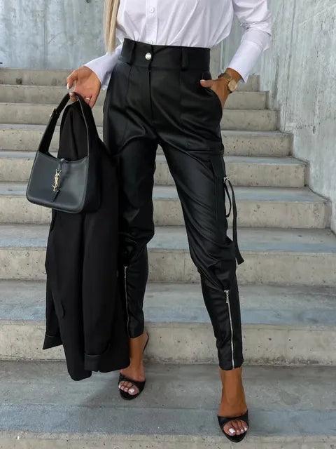 Women's Faux Leather High-Waisted Trousers with Zippered Ankles and Button Waistband