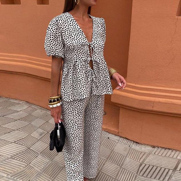 Women's Linen Two-Piece Set - Puff Sleeve Tie-Front Top & High-Waist Wide-Leg Pants